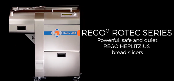 ROTEC brödskärare från Rego Herlitzius hos Lundpac – exakt skivning av färskt bröd med vinkelsensor och bladsmörjning.